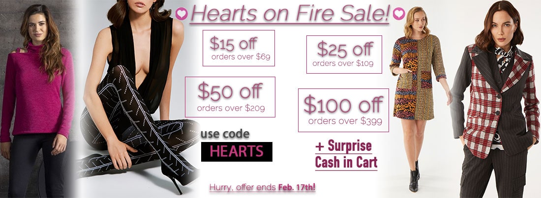 Hearts on Fire Sale: $15 off orders over $69, $25 off orders over $109, $50 off orders over $209, $100 off orders over $399